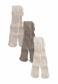 Drei Paar gerippte Strumpfhosen in Beige, Braun und Creme, flach ausgelegt mit ausgestreckten Beinen auf einem weißen Hintergrund.