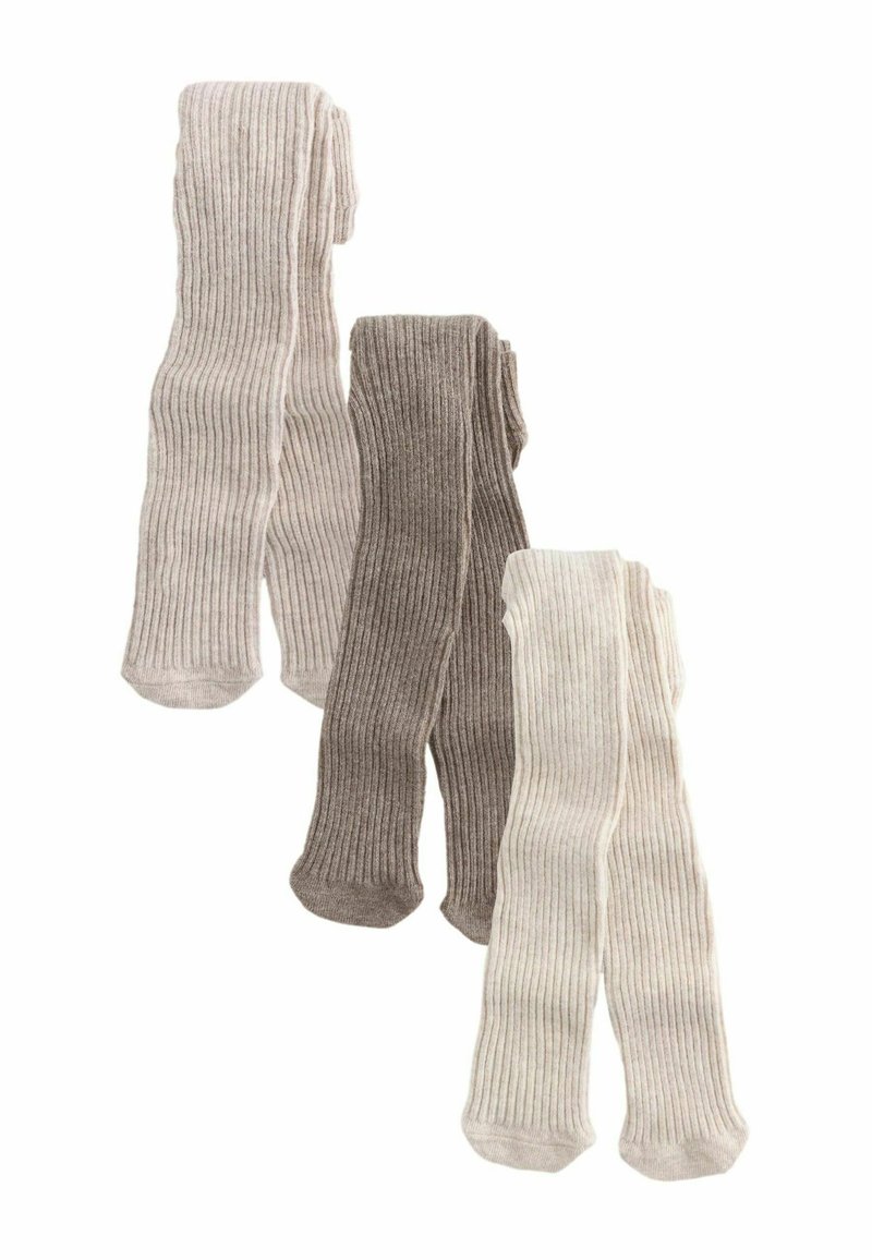 Drei Paar gerippte Strumpfhosen in Beige, Braun und Creme, flach ausgelegt mit ausgestreckten Beinen auf einem weißen Hintergrund.