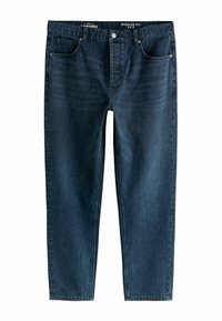 Tumedat sinised teksapüksid regulaarses lõikes, klassikalise viie tasku disainiga, metallist nupuga kinni ja peene tekstuuriga.