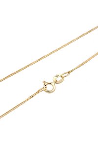 Guld kædedyse med et snoet design, der har en fjederlås. Kæden har en fint tekstureret overflade og består af indbyrdes sammenflettede led.
