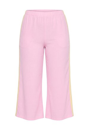 Lyserøde bukser med vide ben, elastisk linning og beige lodrette striber langs ydersiden.