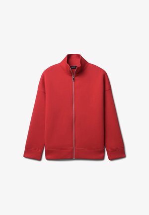 Rote Zip-Up-Sweatjacke mit stehendem Kragen, aus glattem Stoff. Verfügt über lange Ärmel und gerippte Bündchen. Keine sichtbaren Muster oder Beschläge.