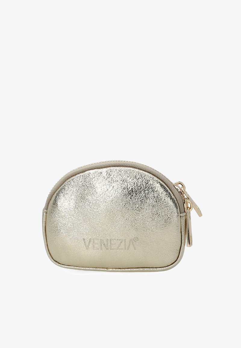 Gouden metallic munttasje met een ronde vorm, textuur oppervlak en ritssluiting. Bevat een logo dat aan de voorkant is geperst.