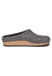 Gray felt clog with a cork midsole and rubber outsole. Rounded toe, slip-on design, and textured surface for comfort.