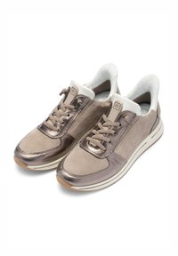Light brown sneakers made of suede and metallic material. Features a lace-up design, padded ankle, and a white interior with a rubber sole.