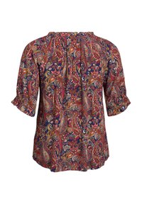Multikolor bluza s uzorkom paisley s tamnoplavom pozadinom, kratkim nabranim rukavima i nabrane izrezu. Tkanina ima glatku teksturu.