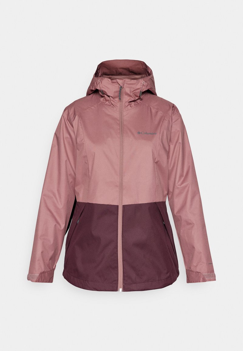 Veste imperméable en rose clair et violet foncé. Comprend une capuche, une fermeture éclair sur toute la longueur à l'avant et deux poches latérales. Matière lisse et légère.