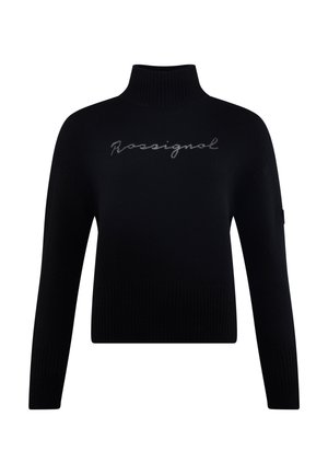 Maglione nero a collo alto in maglia con orlo e polsini a coste, caratterizzato dal logo bianco in corsivo "Rossignol" sul davanti.