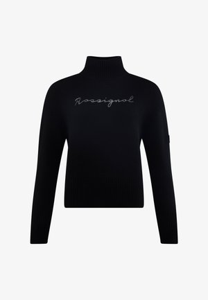 Zwarte gebreide coltrui met ribben aan de onderkant en mouwen, met daarop een witte cursieve "Rossignol" logo aan de voorkant.