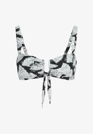 Črn bikini zgornji del z belim tiskom listov, ima nastavljive naramnice, sprednje zavezovanje in izrez na sredini.