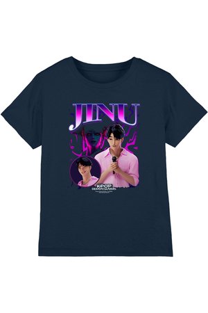 Navy T-shirt with animated figure holding microphone, purple text "JINU," smaller portrait, and "KPOP DEMON HUNTERS" logo below.