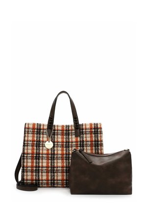 Sac fourre-tout en mélange de laine dans un motif à carreaux orange, noir et crème, avec des poignées en cuir et une pochette zippée amovible marron foncé.