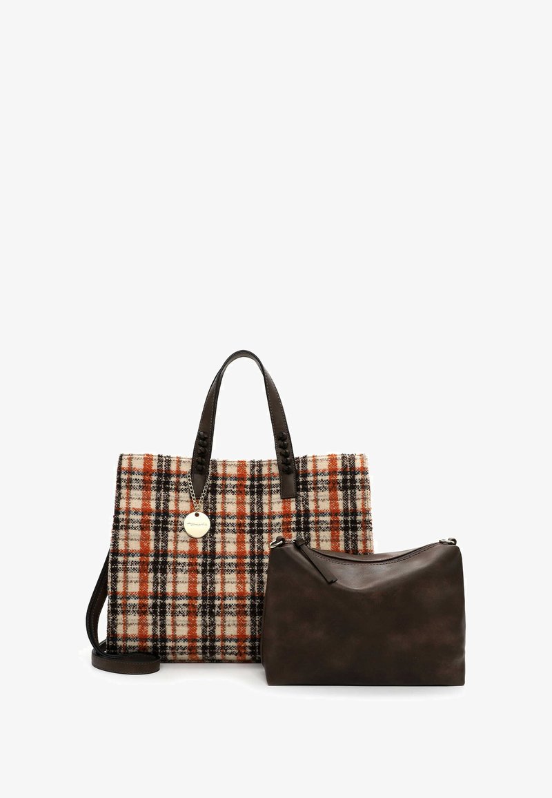 Sac fourre-tout en mélange de laine dans un motif à carreaux orange, noir et crème, avec des poignées en cuir et une pochette zippée amovible marron foncé.