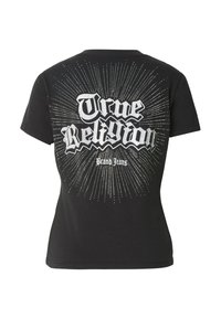 Schwarzes Baumwoll-T-Shirt mit großem weißen Schriftzug "True Religion" und einem strahlenförmigen Design aus kleinen silbernen Nieten.