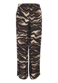 Lanttu leveät housut mustalla, ruskealla ja beigellä abstraktilla seeprahaitakuviolla ja joustovyöllä.