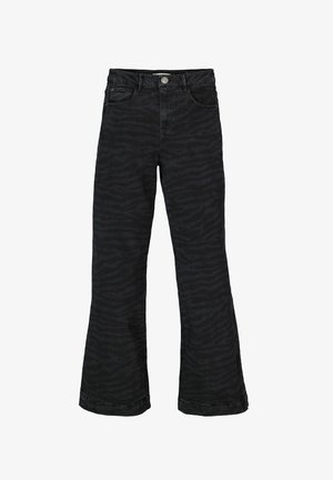 Jean évasés noirs avec un motif zèbre subtil, fabriqués en denim. Présente une taille standard et un système de fermeture à bouton.