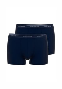 Navy blue cotton boxer briefs with gray elastic waistband featuring the brand name "ceceba." Smooth texture, fitted design, and two-pack set.