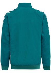 Veste de sport teal avec un col haut, des poignets élastiques et une taille élastique, présentant des rayures blanches contrastantes le long des épaules. Texture lisse.