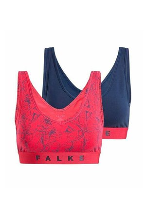 Rode en marineblauwe sportbeha's met een bloemenpatroon op het rode stuk, voorzien van brede banden en elastische banden met de "FALKE" branding.