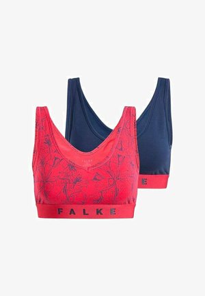 Granatowy sportowy biustonosz i pasujące majtki z czerwoną elastyczną taśmą. Taśma z logo "FALKE". Gładka tekstura, rozciągliwy materiał.