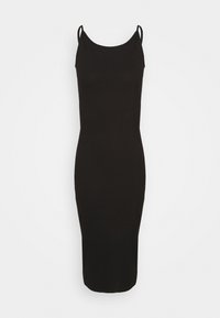 Robe midi noire à côtes avec fines bretelles, présentant une coupe ajustée et une texture lisse, s'étendant juste en dessous du genou.