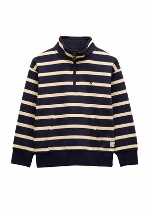 Marineblauwe en beige gestreepte trui met halve ritskraag, voorzak in kangaroostijl en geribbelde boordjes aan mouwen en onderkant.