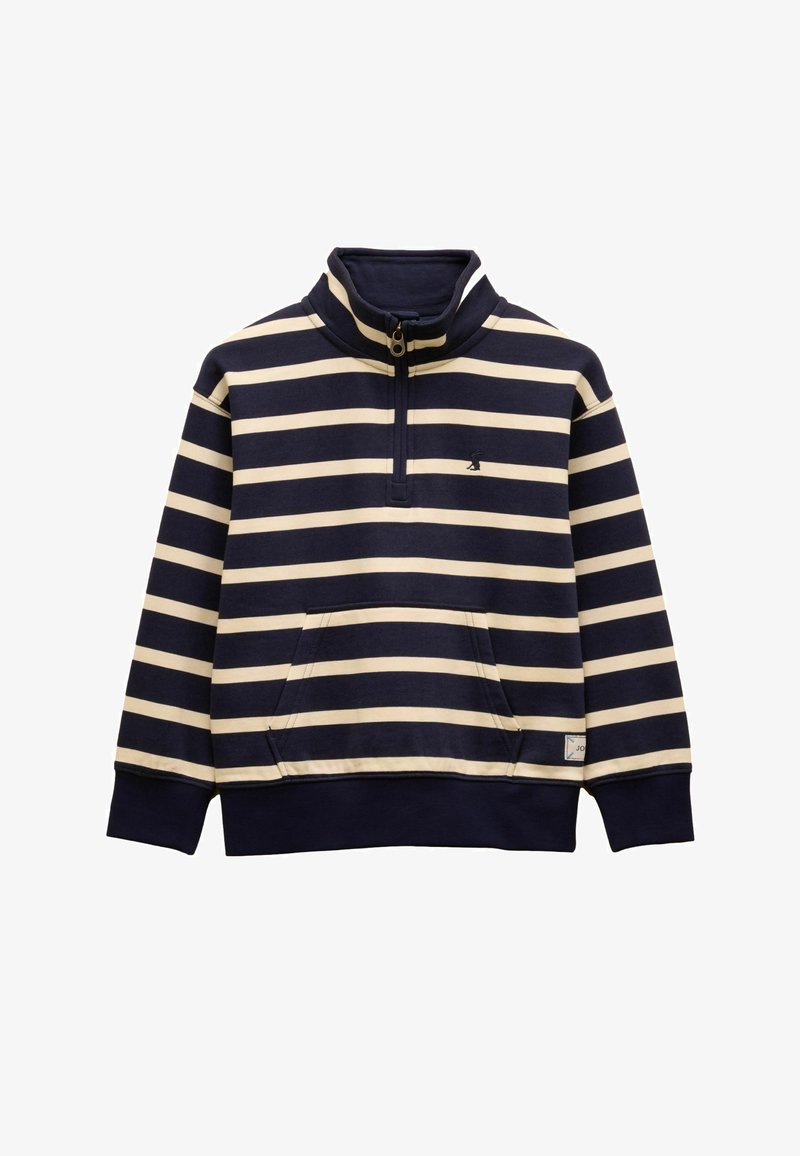 Pull-over à rayures bleu marine et beige avec col demi-fermeture éclair, poche kangourou avant et poignets et ourlet côtelés.