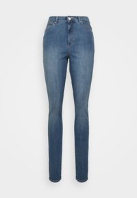 Jeans de ganga escuros de cintura alta com um corte justo, apresentando um fecho frontal com botão e bolsos traseiros, textura suave e sem decorativos visíveis.