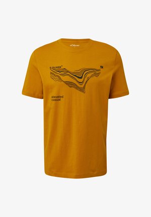 Mustard yellow t-shirt in cotton with short sleeves. Features a black wavy line graphic and text "S.OLIVER" and "elevated casual."