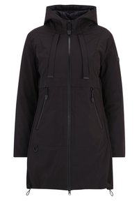 Černá voděodolná parka s kapucí, předním zipem, dvěma bočními kapsami a nastavitelným lemem. Má stahovací šňůrky a elegantní design.