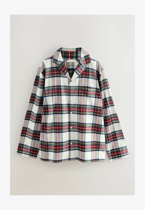 Košeľa s dlhým rukávom v kockovanom vzore s bielou, červenou, zelenou a modrou farbou. Má golier, zapínanie na gombíky a voľný strih. Vyrobená z mäkkej tkaniny.