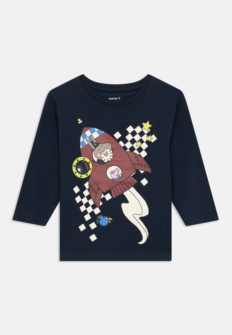 Μπλε ναυτικό μακρυμάνικο πουκάμισο με καρτούν ρουκέτα, ένα λαγουδάκι και γουρουνάκι μέσα, αστέρια, καρό μοτίβο και ένα μικρό μπλε πουλί.