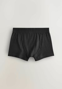 Sorte bokser-shorts lavet af blødt, strækbart stof. Har en bred, elastisk talje og en glat tekstur uden synlige mønstre.