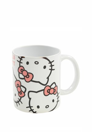 White ceramic mug decorated with three black-outlined cat faces wearing pink bows, handle on the right side, plain white inside.