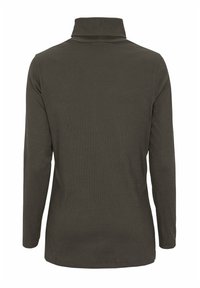 Long-sleeve top in dark olive green, featuring a high collar and ribbed texture, with a straight cut and no visible embellishments.