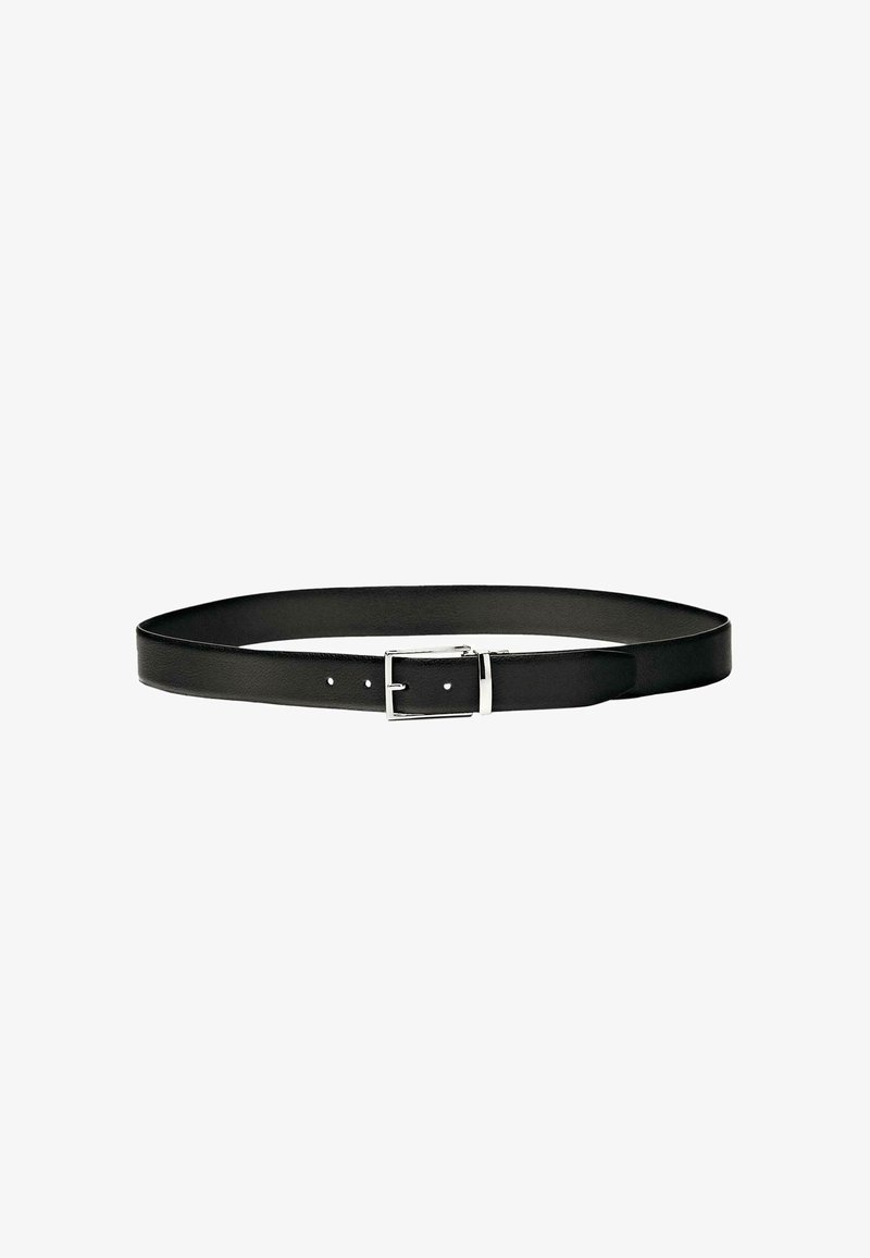 Black leather belt with a smooth texture, featuring a silver metal buckle and multiple adjustment holes for size customization.