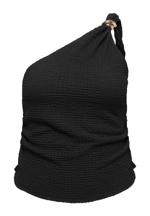 Zwart getextureerde one-shoulder crop top met een gouden ring detail aan de band, met geplooid, rekbaar stofontwerp.