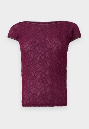 Burgundy lace t-shirt featuring short sleeves, a rounded neckline, and a textured floral pattern throughout. Lightweight and semi-sheer fabric.