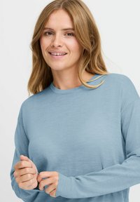 Ljusblå långärmad topp med rund halsringning och ribbade ärmslut. Mjuk textur, avslappnad passform och minimal detaljering.