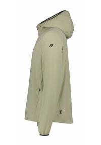 Chaqueta beige claro con capucha, puños elásticos y un diseño elegante. Presenta un logo en la manga y detalles de bolsillos laterales con botones.