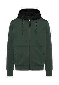 Grüne Zip-Hoodie mit einer schwarzen, gesteppten Kapuze, Kordelzügen, zwei frontalen Taschen und gerippten Bündchen; glatte Stofftextur mit einem klaren Design.