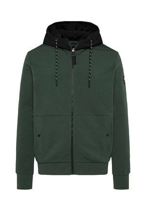 Green zip-up hoodie with a black, quilted hood, drawstrings, two front pockets, and ribbed cuffs; smooth fabric texture with a clean design.