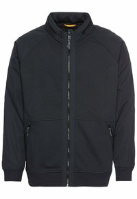 Zwarte jas met hoge kraag, rits en zakken aan de zijkanten. Heeft een zachte stof met contrasterende texturen en een sportief ontwerp.