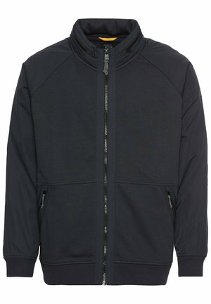 Schwarze Jacke mit hohem Kragen, Reißverschluss und Seitentaschen. Bietet einen weichen Stoff mit kontrastierenden Texturen und einem sportlichen Design.