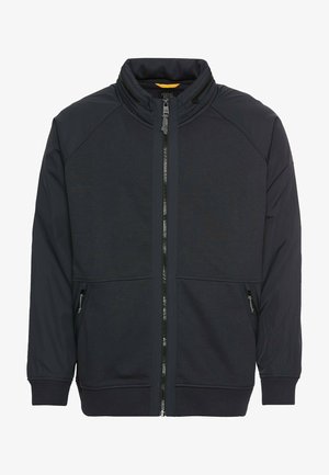 Black jacket with a high collar, zip closure, and side pockets. Features soft fabric with contrasting textures and a sporty design.