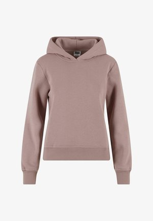 Rózsaszín kapucnis pulóver, puha anyagból készült, illeszkedő derékrésszel és mandzsettákkal, egyszerű, letisztult dizájnnal.