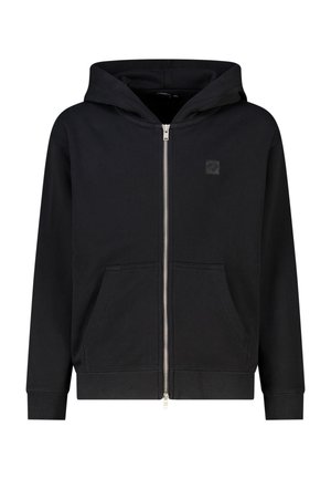 Zwarte hoodie met rits, voorzakken, lange mouwen en een klein logo op de linkerborst.