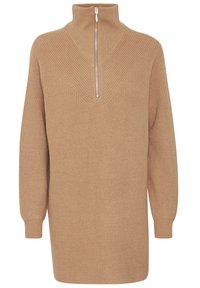 Pullover beige lavorato a maglia con colletto alto e zip a metà. Presenta una texture a coste e un motivo a punto a V sul petto. Maniche lunghe.
