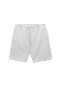 Pantalones cortos de algodón grises con cintura elástica, cordón ajustable y dos bolsillos laterales. Textura suave con un ajuste casual.