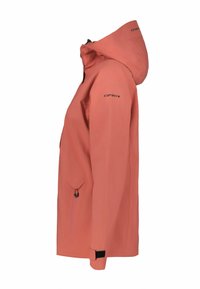 Giacca impermeabile rosa con cappuccio, dotata di tasche con zip e polsini regolabili. Texture liscia, design leggero per l'uso all'aperto.